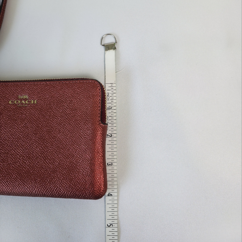 Coach Leather Wristlet Corner Zip Metallic Red Cherry Maroon Rust Wallet Clutch - Picture 10 of 10